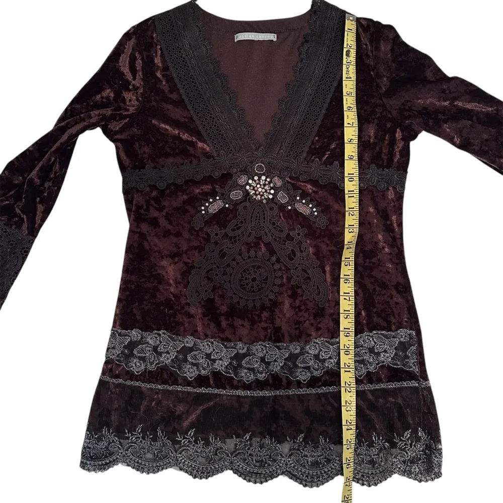 Brown Velvet Black Lace Embellished Beaded Fairycore Top Vintage Y2K - Picture 6 of 8